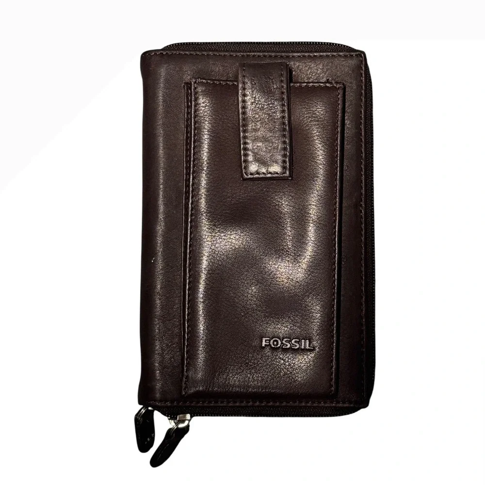 Fossil Brown Leather Zip Around Organizer Wallet Clutch Card Holder Travel Case